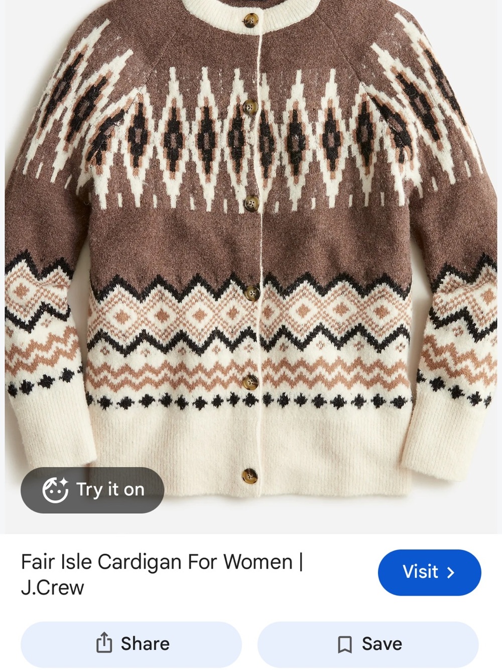 J. Crew Brown & Cream Fair Isle Knit Cardigan Sweater RARE - Picture 8 of 8